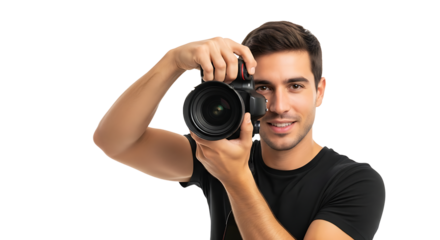 Smiling photographer with camera He is focusing the lens to capture the perfect shot with his modern equipment Ready to photograph !