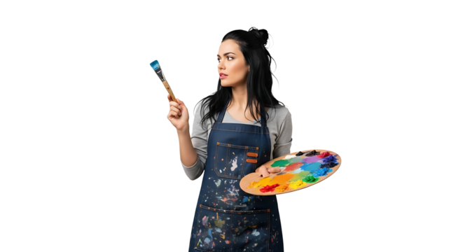 Artist at work with brush and palette creating art on a black background looking sideways wearing an apron covered in paint