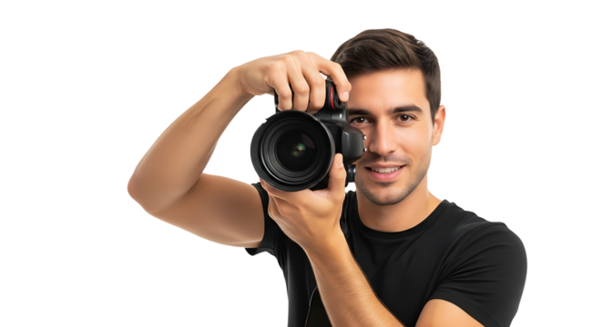 Smiling photographer with camera He is focusing the lens to capture the perfect shot with his modern equipment Ready to photograph ! - Powered by Adobe