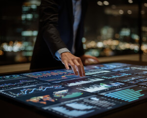 Fototapeta premium Business professional analyzing data large digital touchscreen table with financial charts and graphs, modern office night, illuminated cityscape