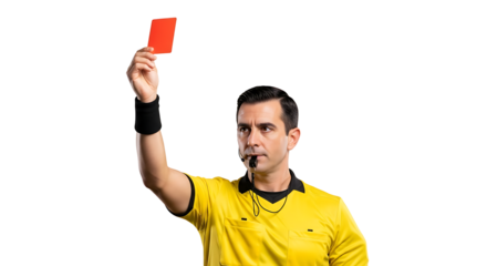 Referee holding up a red card indicating a penalty or disqualification on a black backdrop conveying authority and disciplinary action