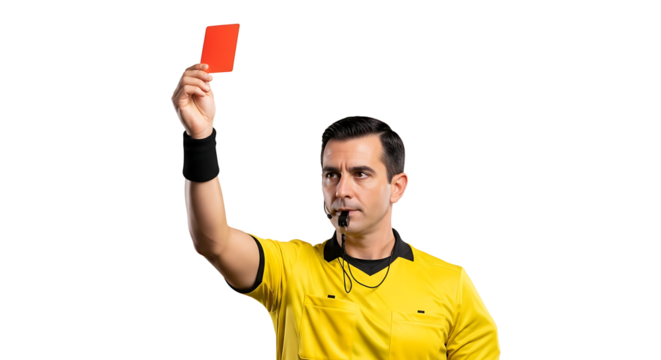 Referee holding up a red card indicating a penalty or disqualification on a black backdrop conveying authority and disciplinary action