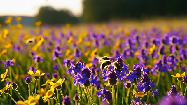 Bees flying over purple wildflower field on sunny day with blue sky background, natural meadow landscape close-up, pollination, ecology, biodiversity, environment, and spring season beauty &ndash; 4K video