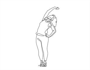  Woman is depicted in a continuous line drawing, performing a stretching exercise isolated on white background. Hand drawn one line vector. Editable stroke	