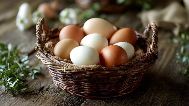 Close up captures rustic wicker basket overflowing with fresh brown and white eggs arranged on wooden table, surrounded by natural greenery and softly blurred background.