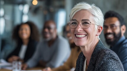 Smiling female CEO leading a diverse team meeting, inclusive leadership, professional yet authentic scene.