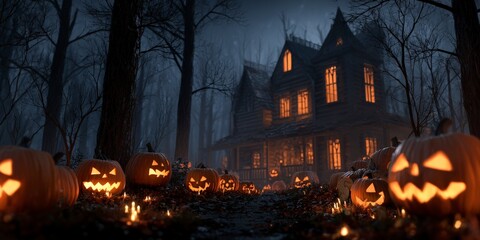 A spooky halloween scene with pumpkins and a haunted house in a dark and eerie forest setting