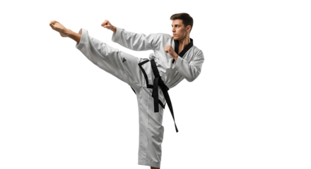 Martial artist demonstrates a powerful high kick with focused determination against a stark black background Precision and strength