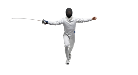 Fencer in white uniform lunging forward foil extended on black background Focused determined and agile athlete in action