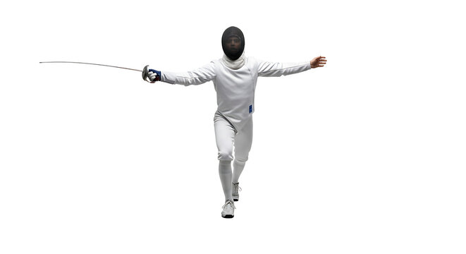 Fencer in white uniform lunging forward foil extended on black background Focused determined and agile athlete in action