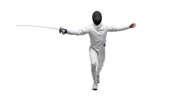 Fencer in white uniform lunging forward foil extended on black background Focused determined and agile athlete in action