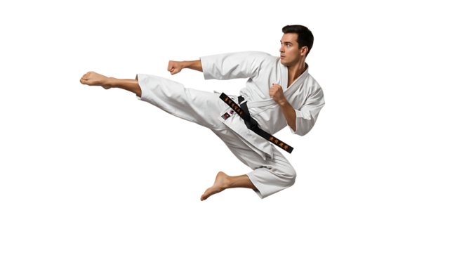 Martial artist mid - air The determined athlete executes a precise side kick with power and grace in a traditional white uniform and black belt