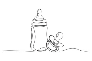 One continuous line drawing of baby feeding bottle and pacifier Baby milk bottle and pacifier outline vector illustration. one line Icon drawing with white background
