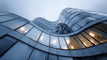 Modern architecture features a stunning curved glass design under cloudy skies