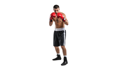 Focused boxer in red gloves ready for action Intensity in his eyes poised stance against a stark background
