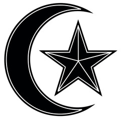 Black colour Crescent moon and star silhouette vector illustration, solid white background (8).eps