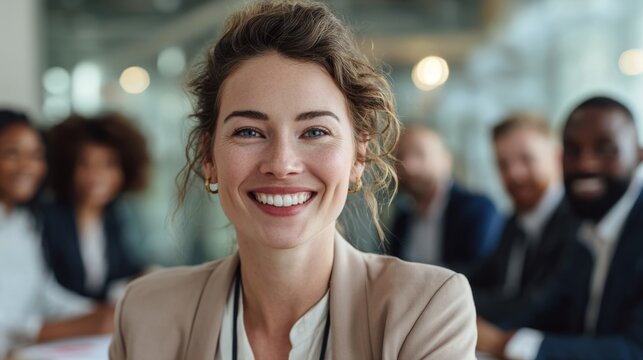Smiling female CEO leading a diverse team meeting, inclusive leadership, professional yet authentic scene.