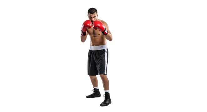 Focused boxer in red gloves ready for action Intensity in his eyes poised stance against a stark background