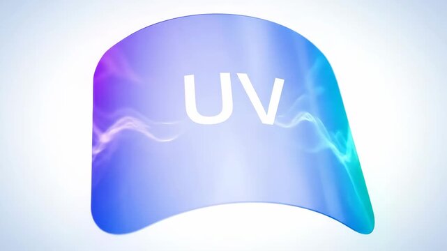 UV Protection Shield Graphic - A vibrant graphic featuring a shield shape in shades of purple, blue and green, with the letters "UV" in white. The video suggests protection from ultraviolet radiation.