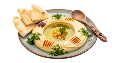 Creamy hummus pita bread and a wooden spoon create a delicious Middle Eastern appetizer Topped with paprika and chickpeas