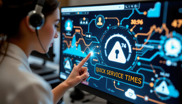 Customer service technology headset woman screen digital quick support communication data efficiency futuristic interface