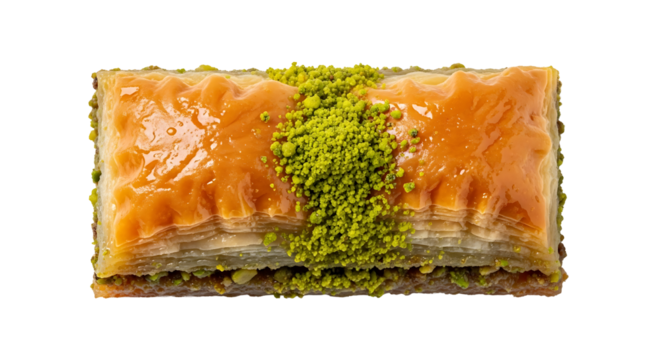 Close up of baklava topped with pistachio showing flaky layers and syrup emphasizing the sweetness and richness of the dessert