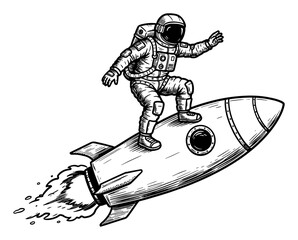 Astronaut riding on a flying space rocket like surfing Black and White Outline Line Art Drawing