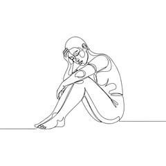 Continuous line drawing of a sad and depressed woman sitting on the floor, head in hands, feeling despair and loneliness.