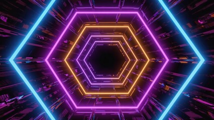 Fototapeta premium Futuristic glowing neon hexagon tunnel with geometric light patterns and vivid colors, creating cyberpunk-inspired immersive digital space symbolizing advanced technology, cyberspace, modern abstract