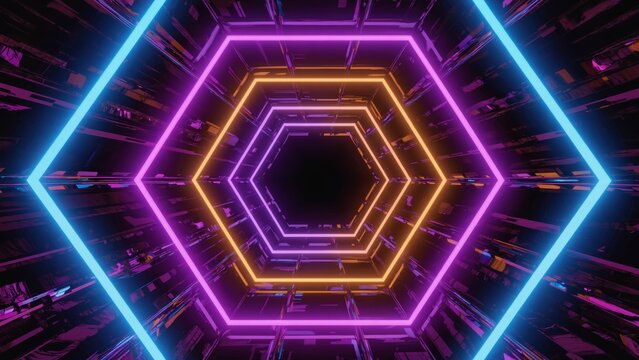 Futuristic glowing neon hexagon tunnel with geometric light patterns and vivid colors, creating cyberpunk-inspired immersive digital space symbolizing advanced technology, cyberspace, modern abstract