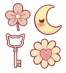 Hand-drawn Retro Fairytale Set – Moon, Heart Flower, Cat Key & Cute Bloom
