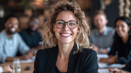 Smiling female CEO leading a diverse team meeting, inclusive leadership, professional yet authentic scene.