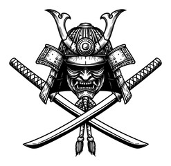 Samurai Kabuto Helmet Mask Menpo Crossed Katana Swords Black and White Outline Line Art Drawing