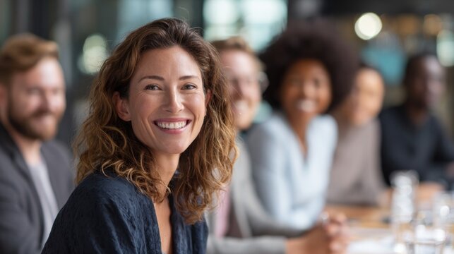 Smiling female CEO leading a diverse team meeting, inclusive leadership, professional yet authentic scene.