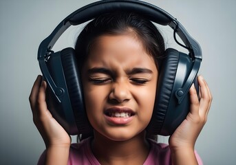 Autistic indian child girl with large oversized headphones and closed eyes wincing from auditory overload showing pain and hypersensitivity in sound perception and autism spectrum