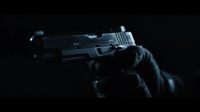 Weapon Held in Nighttime Setting - A close-up shot captures a handgun held by a gloved hand in a shadowy, nighttime environment.