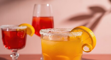 Fototapeta premium Refreshing lemonade and orange juice cocktails with sugar rim on pink background