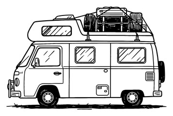 Camper Van Loaded with Luggage and Travel Gear on Roof Side View Black and White Outline Line Art Drawing