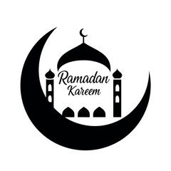 Black colour Ramadan Kareem with crescent and mosque silhouette vector illustration, solid white background (8).eps