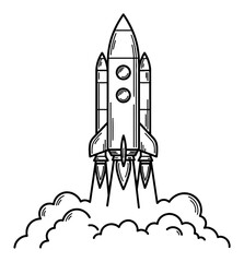 Space Rocket Launching Smoke Vintage Style Black and White Outline Line Art Drawing Vector Icon