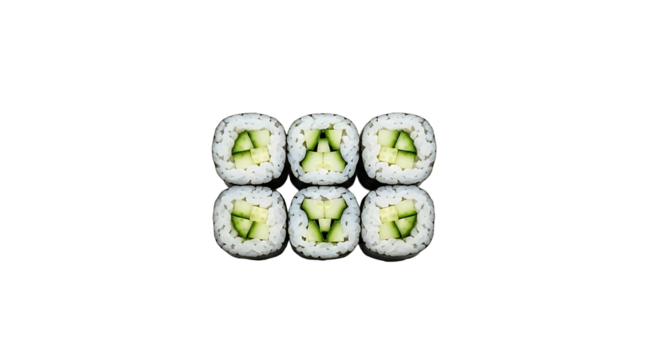 A close - up studio shot shows six cucumber sushi rolls arranged in a 2x3 grid on a black background Each roll features a white rice exterior