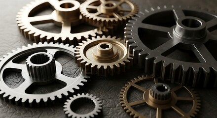 Close up of interlocking metal gears on a textured surface, a symbol of progress and unity
