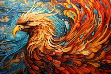 Vibrant phoenix illustration with flowing feathers in shades of orange, red, and blue, symbolizing rebirth and transformation in a dynamic artistic style