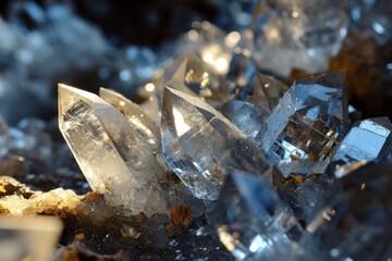 Close-up view of sparkling quartz crystals with sharp edges and intricate facets, reflecting light beautifully, showcasing natural mineral beauty and geological wonder