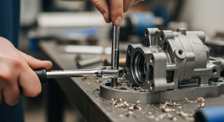 Hands repairing metal machine component with wrench on workshop table