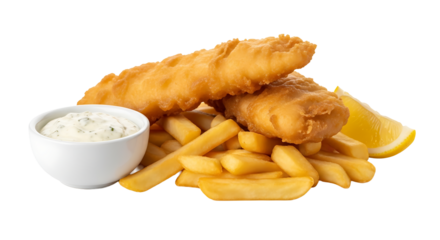 A classic comfort meal : golden fried fish served alongside crispy fries creamy sauce and a zesty lemon wedge perfect for any occasion