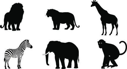 Black and white African wildlife animal silhouette vector illustration featuring lion, tiger, giraffe, zebra, elephant, monkey jungle nature design