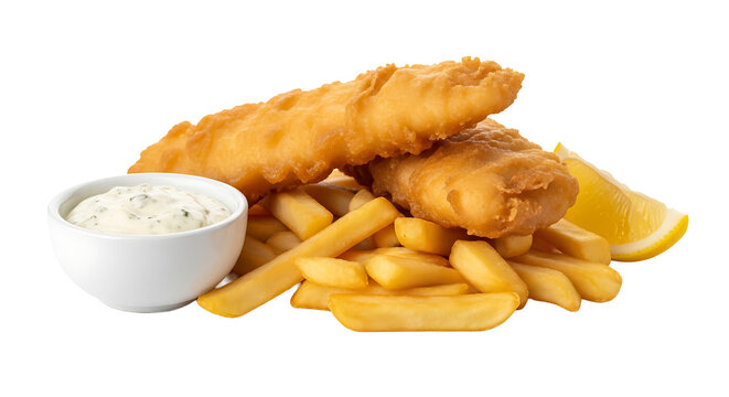 A classic comfort meal : golden fried fish served alongside crispy fries creamy sauce and a zesty lemon wedge perfect for any occasion - Powered by Adobe