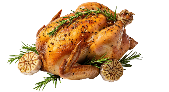 Golden roasted chicken garnished with fresh rosemary and roasted garlic perfect for a holiday feast or Sunday dinner
