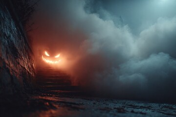 Obraz premium A menacing jack-o'-lantern glows in the fog at the top of stone steps on a dark Halloween night.